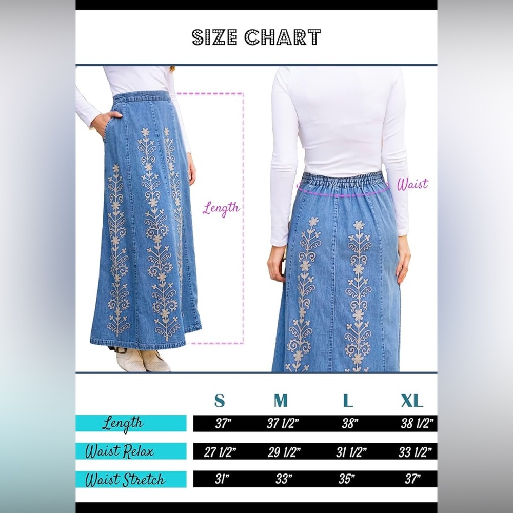 Embroidered Denim High Rise Maxi Skirt. - Picture 12 of 12
